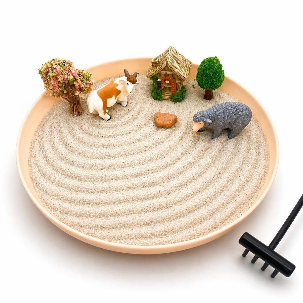Miniature Zen Garden Kit with Farm Animal Figurines, Fairy Cottage